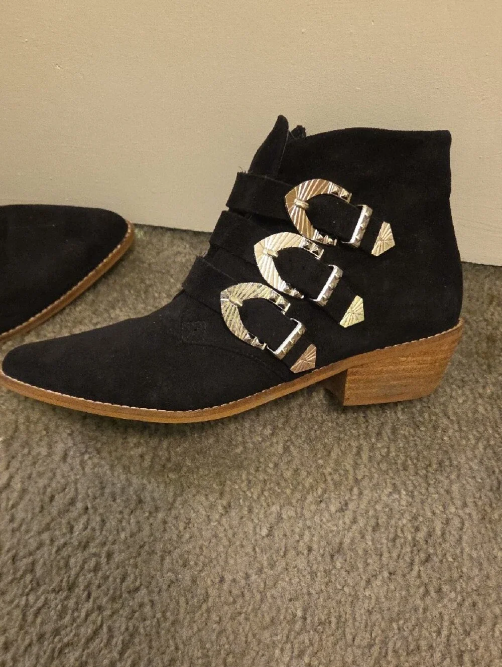 Black Suede Western-Style Ankle Boots with Buckle Detail
